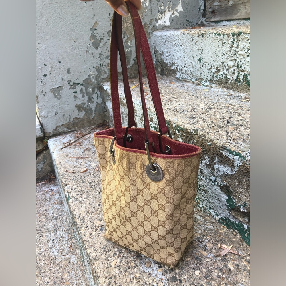 Gucci Beige GG Canvas Tote with Red Trim and Straps